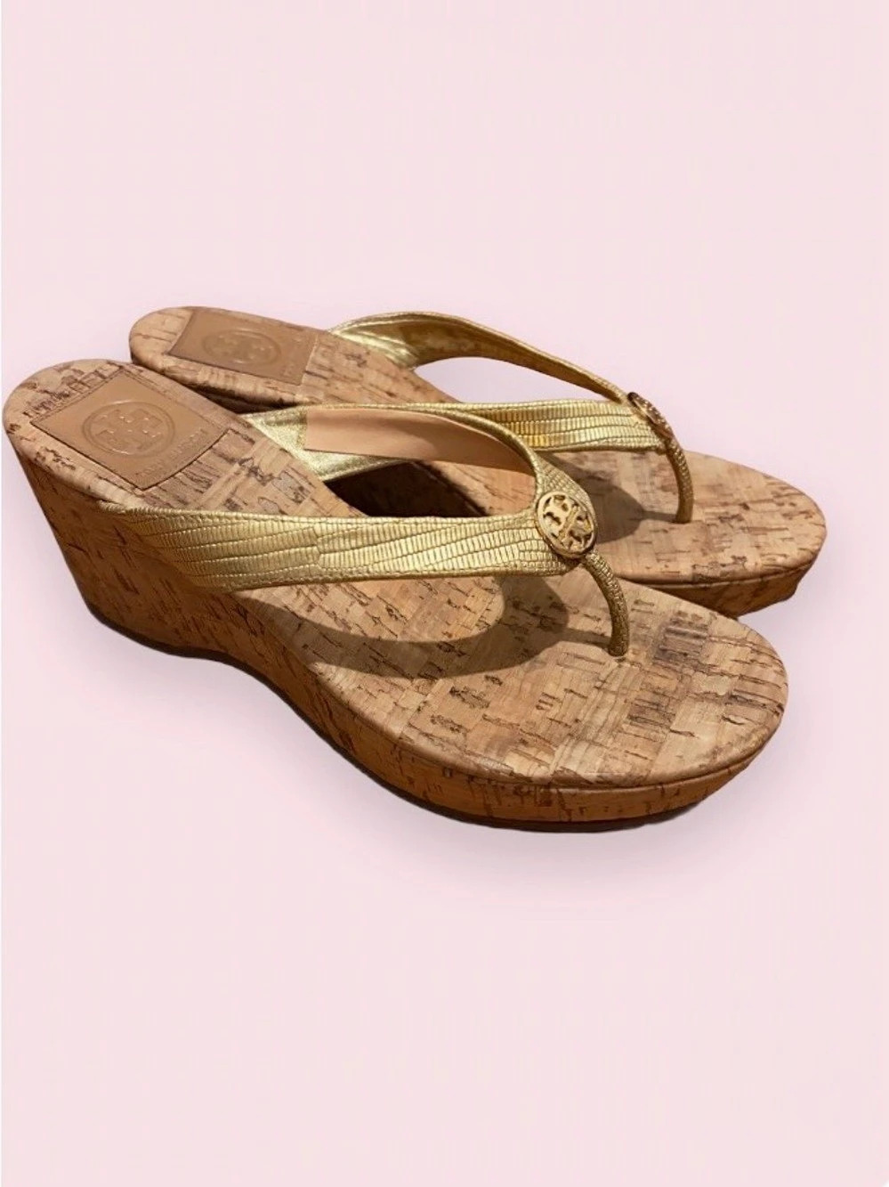 Tory Burch Gold & Brown Cork Wedge Sandals